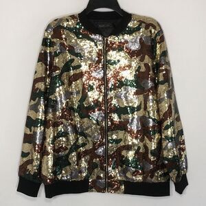 Sequined Glamour Camo Bomber Jacket Size 1X Boutique Full Zipper Fully Lined